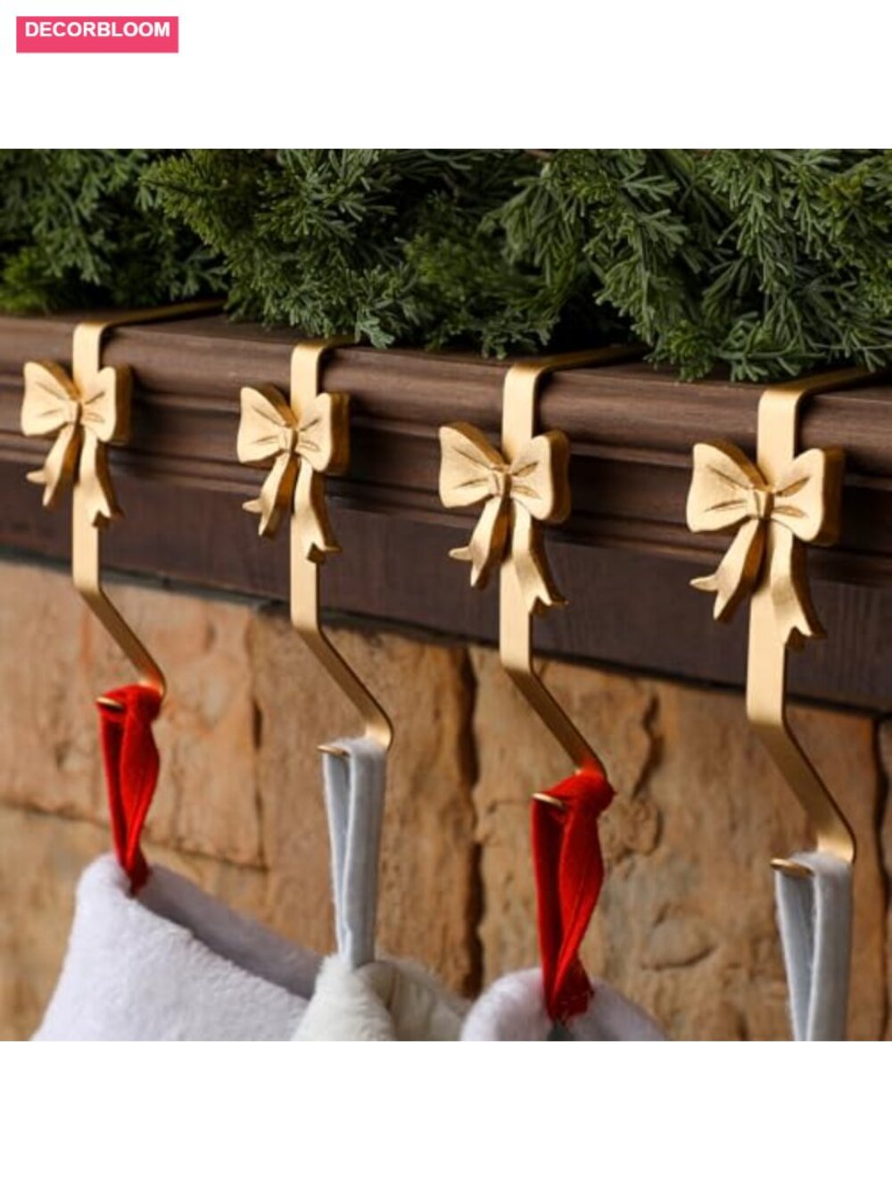 Brass Bow Christmas Stocking Holders Set of 6 Metal Mantle Hooks